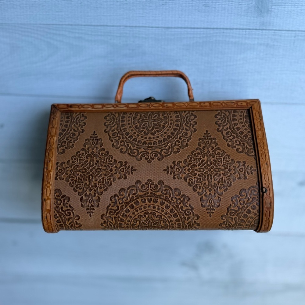 Vintage Wood & Leather Embossed Handbag - Picture 2 of 7